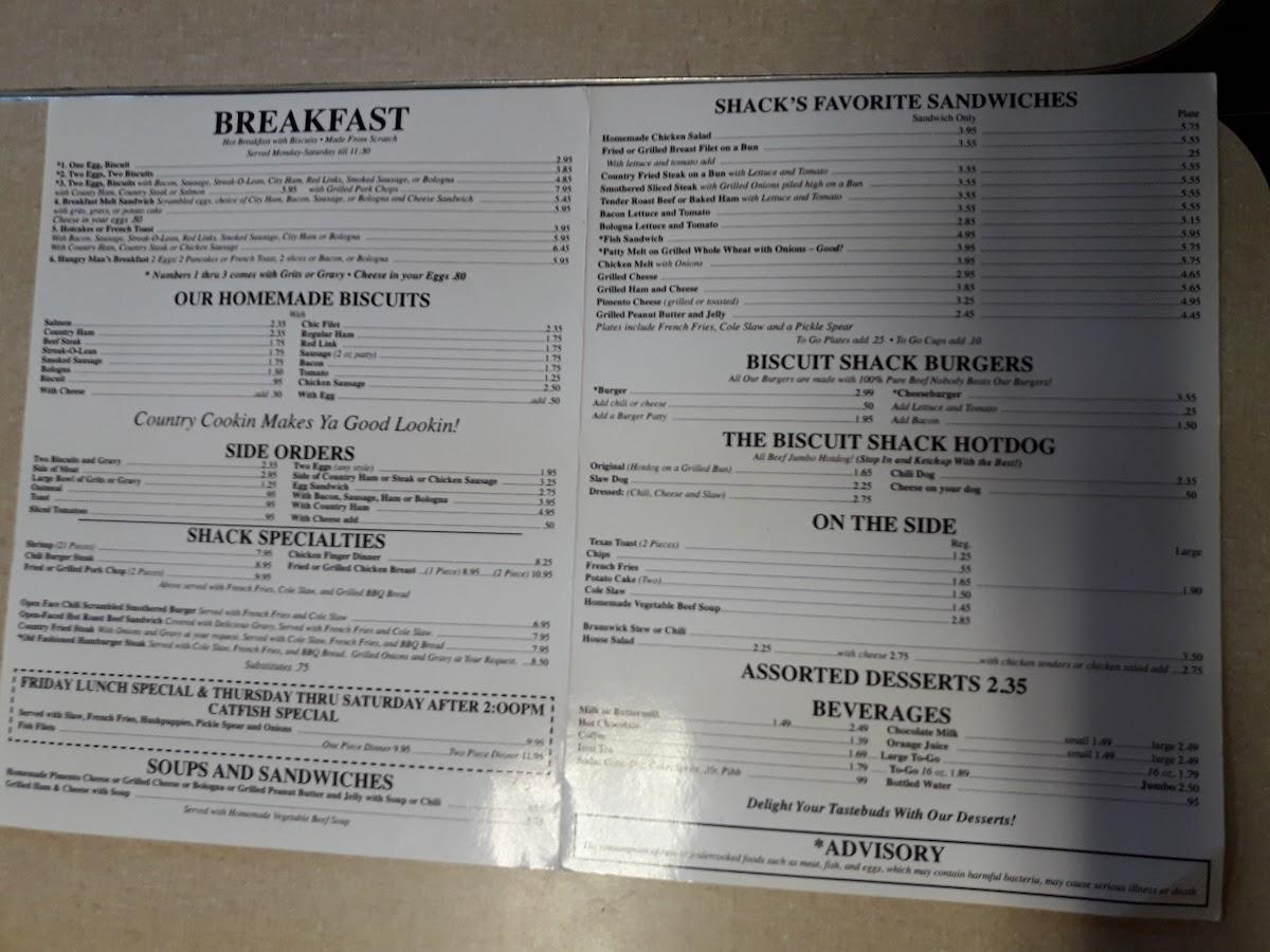 Menu at Biscuit Shack steakhouse, Griffin