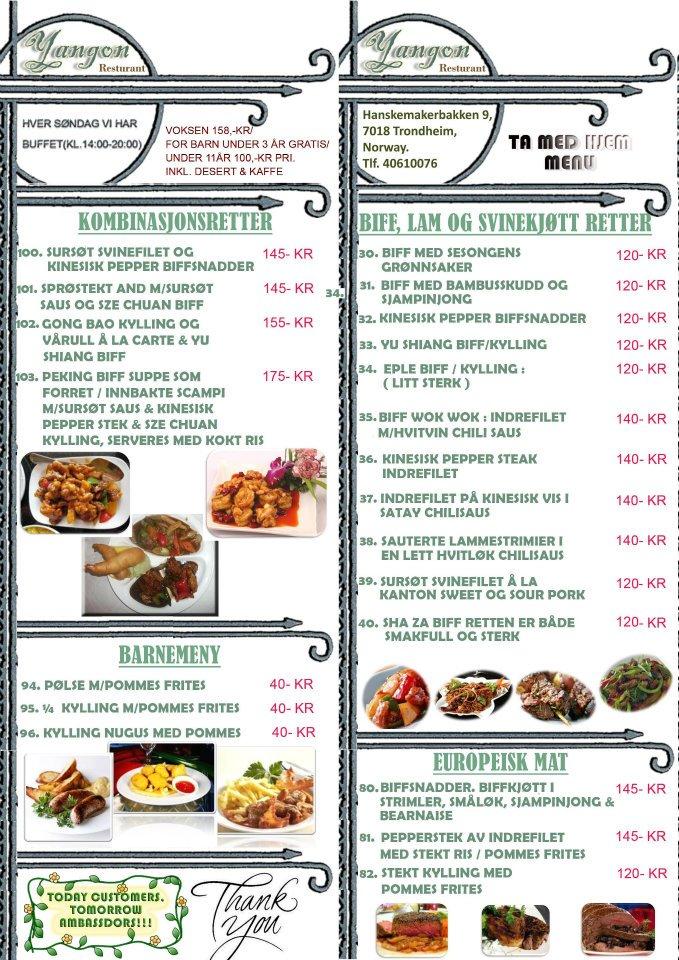 Menu at Chop suey takeaway restaurant, Trondheim