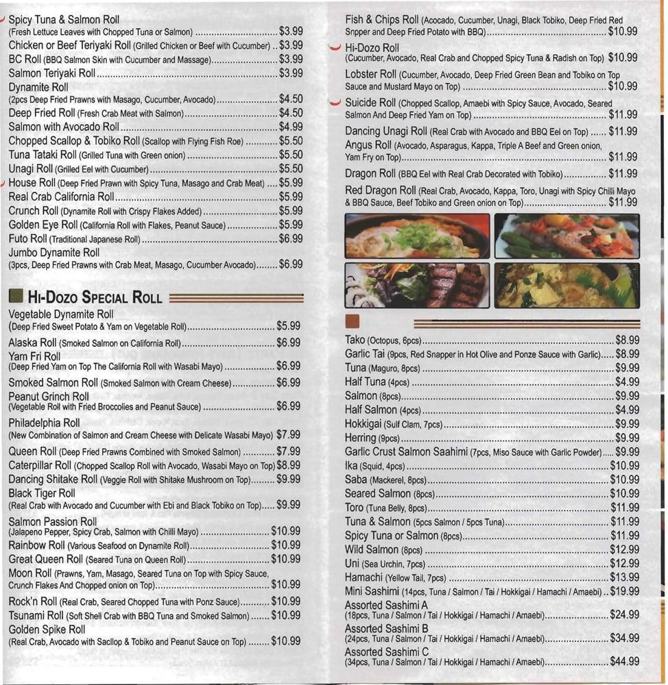 Menu at Hi Dozo Sushi restaurant, New Westminster