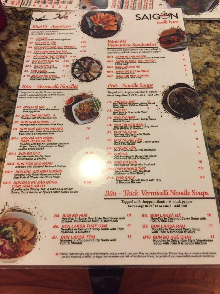 Menu at Saigon Noodle House restaurant, Birmingham, US280 108