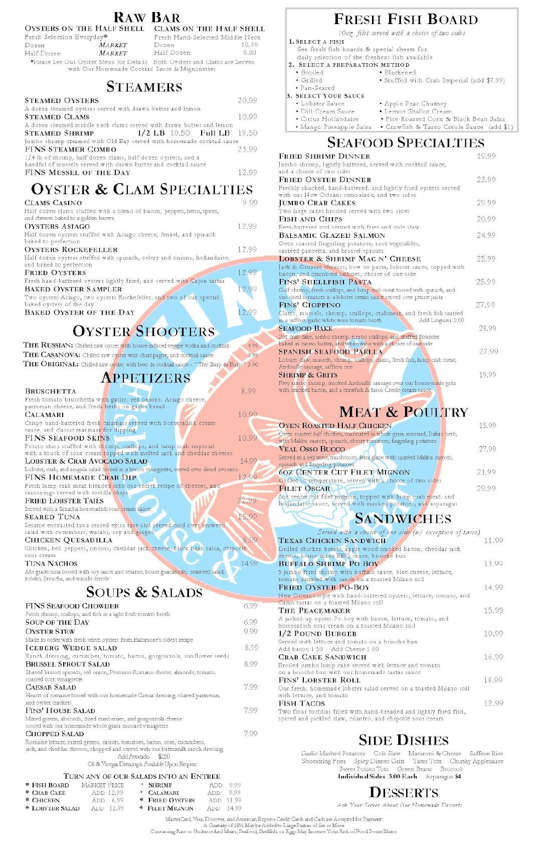 Menu at FINS Fish House & Raw Bar, Rehoboth Beach, 243 Rehoboth Ave