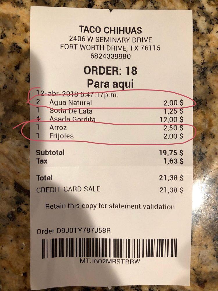 Carta del restaurante Tacos Chihuas, Fort Worth, W Seminary Dr