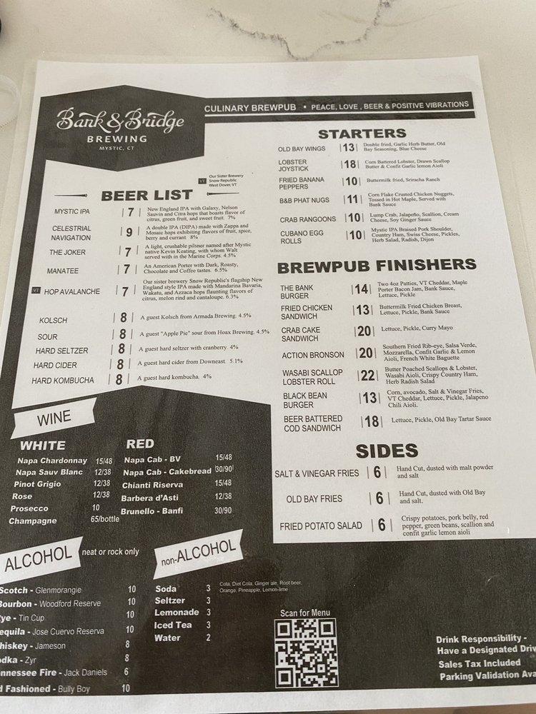 Menu at Bank & Bridge Brewing pub & bar, Groton