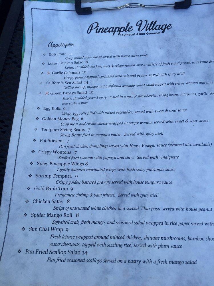 Menu at Pineapple Village restaurant, Gilroy