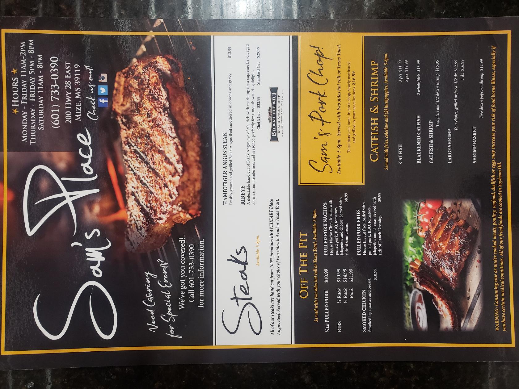 Menu at Sam's Place BBQ, Mize