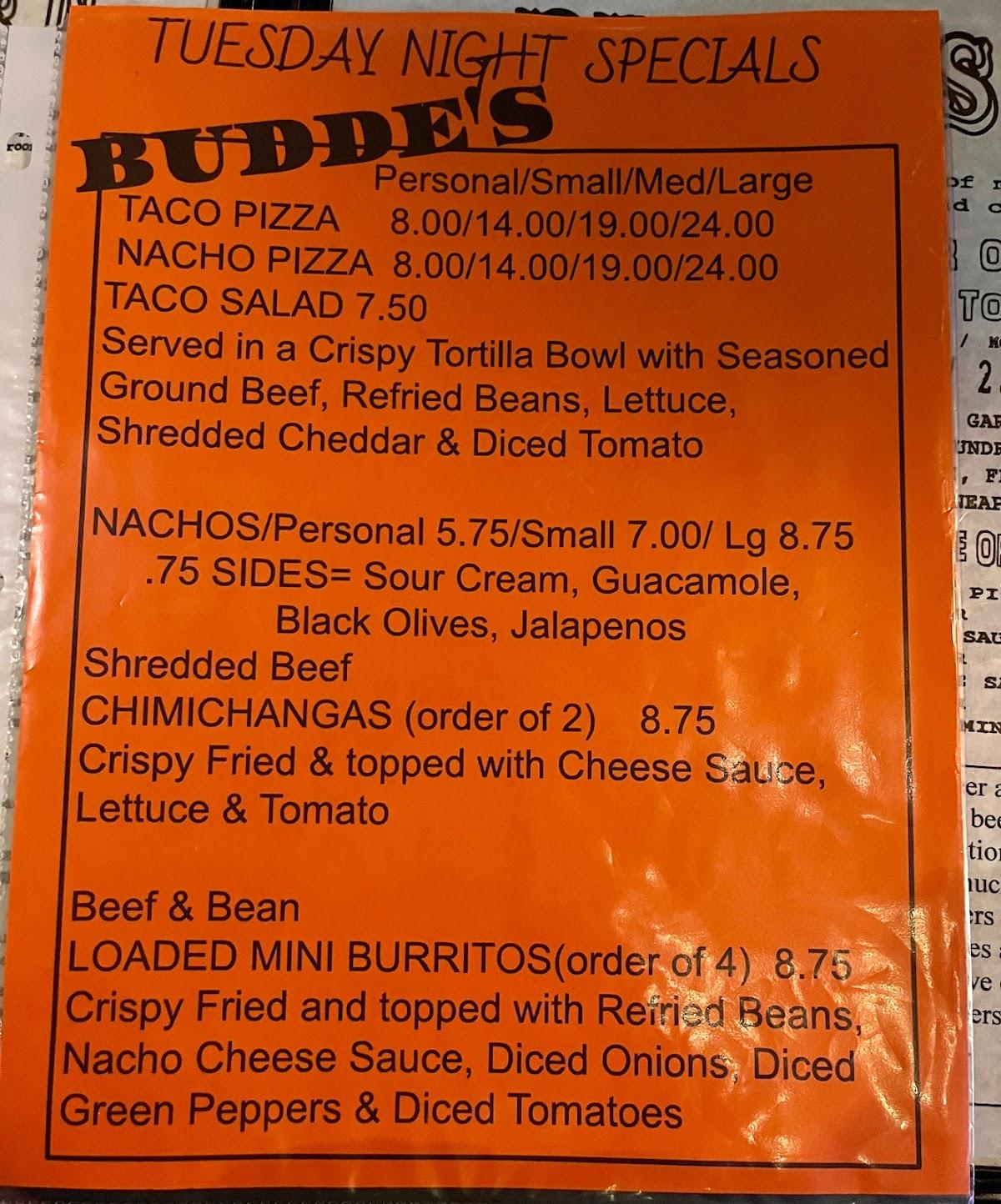 Menu at Budde's Pizza & Spirits pub & bar, Galesburg