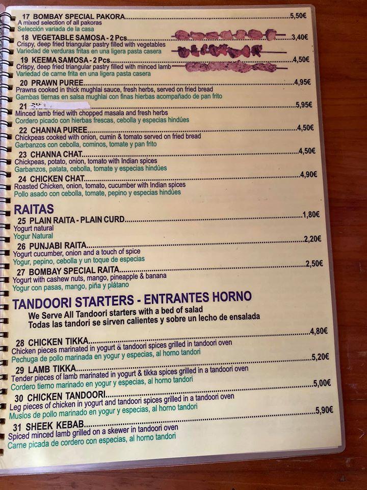 Menu at Bombay Spice Indian Restaurant & Take Away, Torrevieja