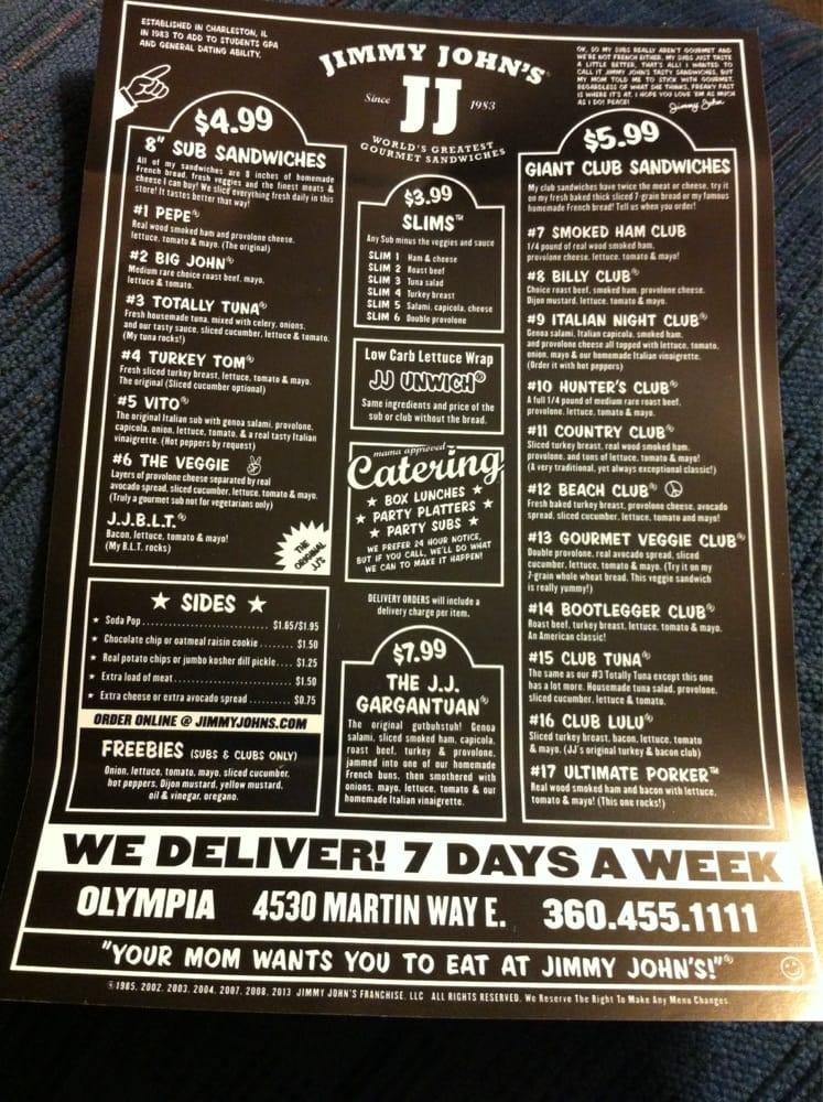 Menu at Jimmy John's fast food, Olympia, Martin Way E