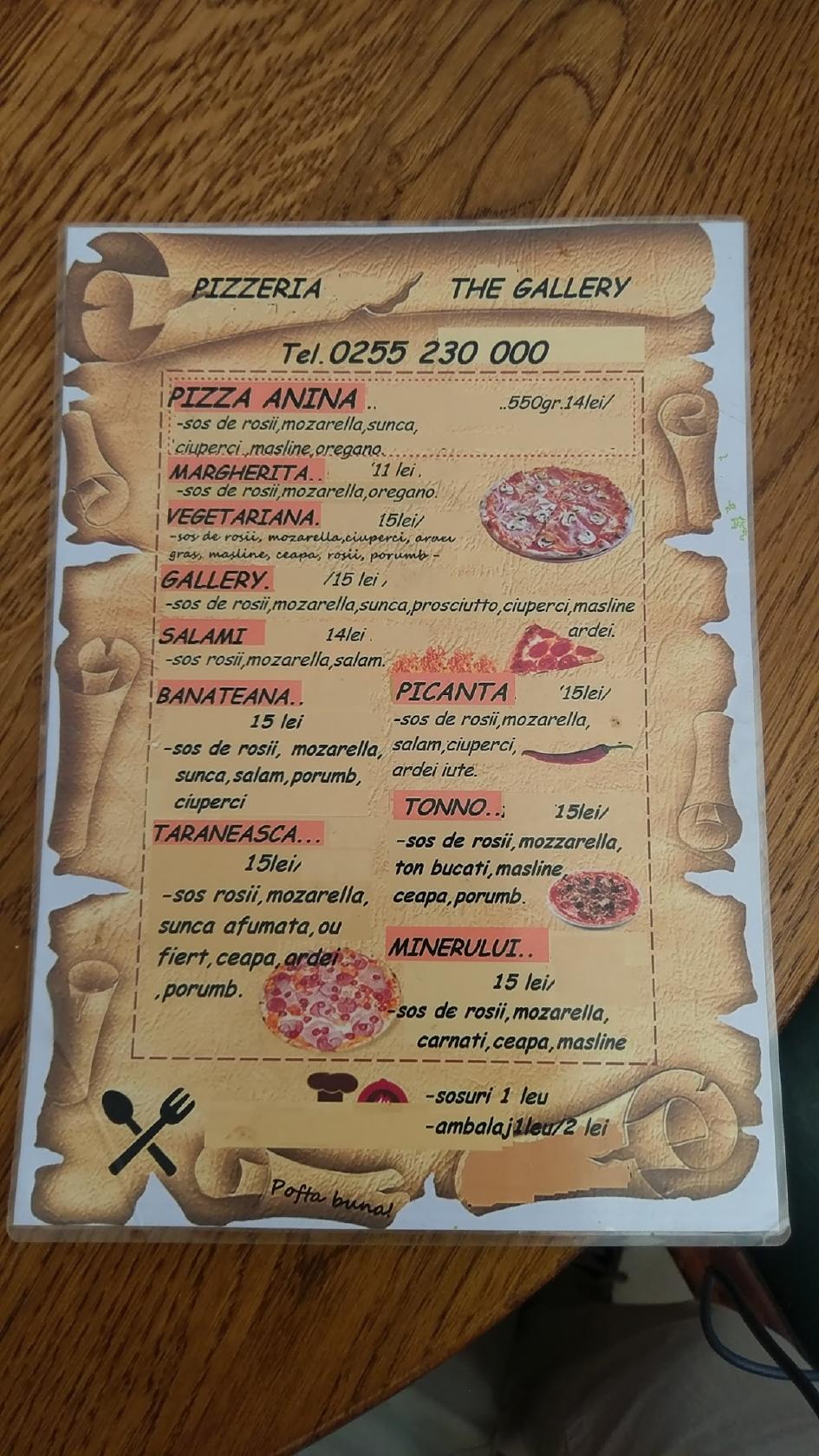 Menu at The Gallery Pizza Restaurant, Anina
