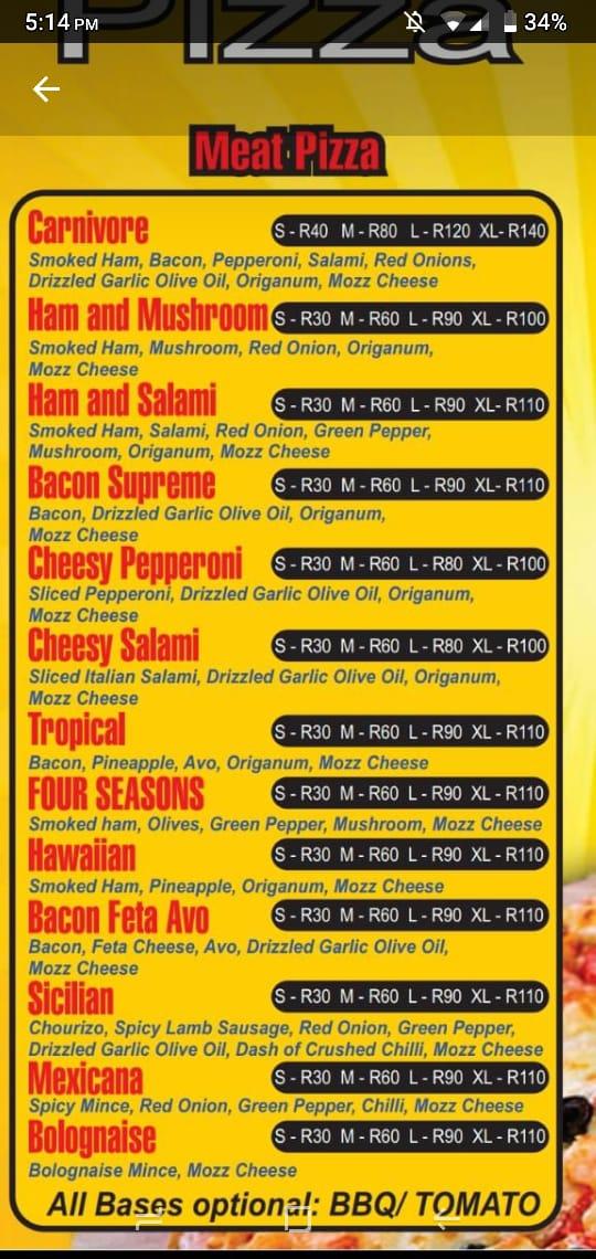 Menu at Capri Pizza Kitchen pizzeria, Durban
