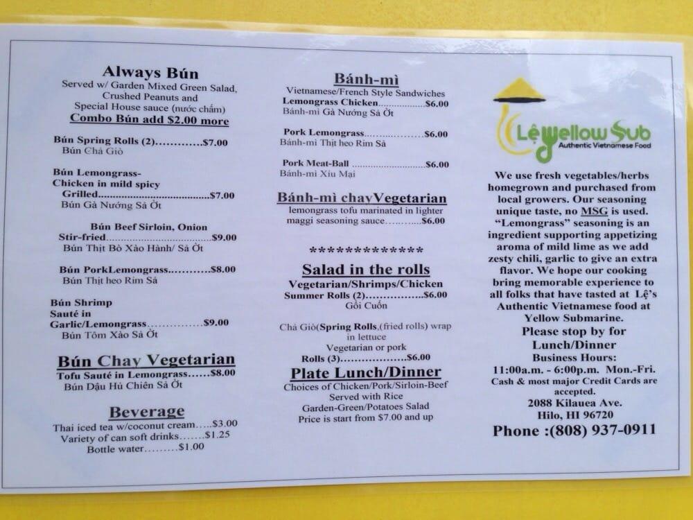 Menu at Le Yellow Sub restaurant, Hilo, 213 Kalanianaole St