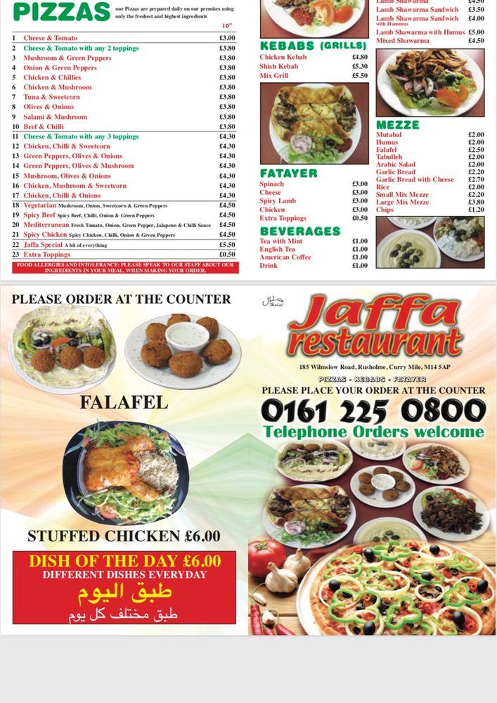 Menu at Jaffa Restaurant, Manchester