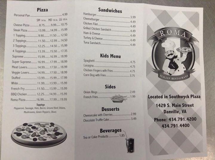 Menu at Roma Italian Restaurant, Danville