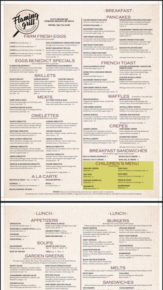 Menu at Flaming Grill Family Dining restaurant, Sterling Heights