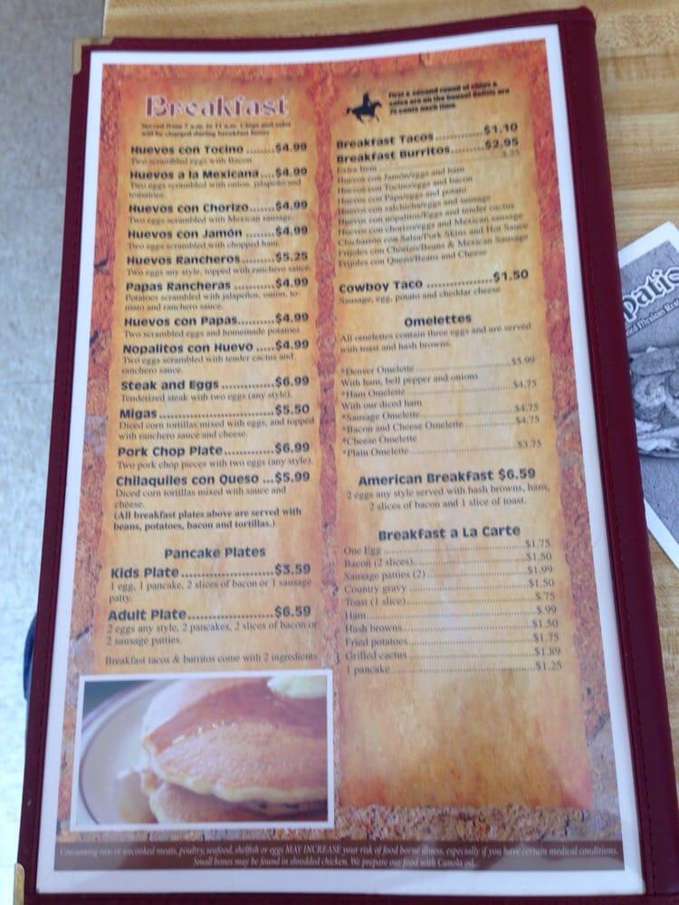 Menu at El Tapatio restaurant, Riesel