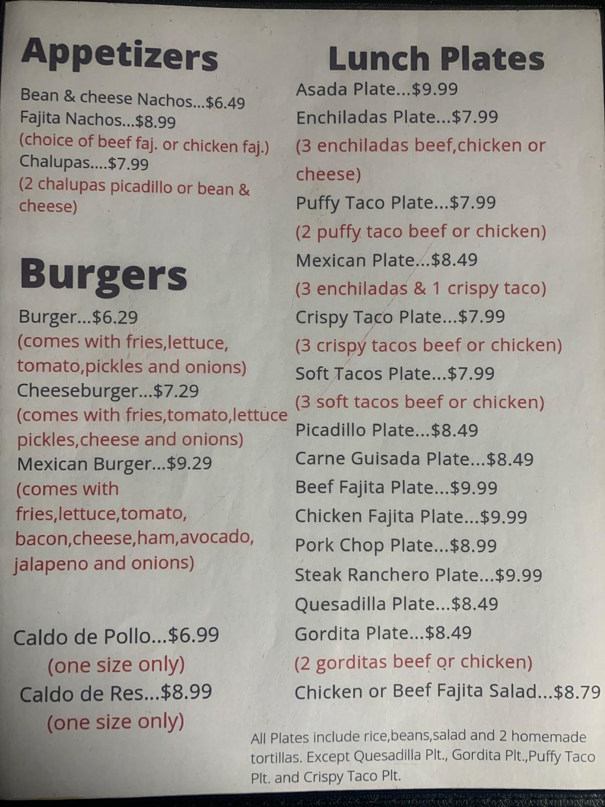 Menu at Los Portales Cafe, Elmendorf