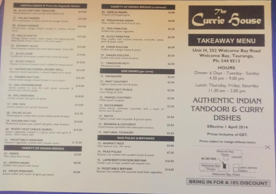 Menu at The Curry House restaurant, Tauranga