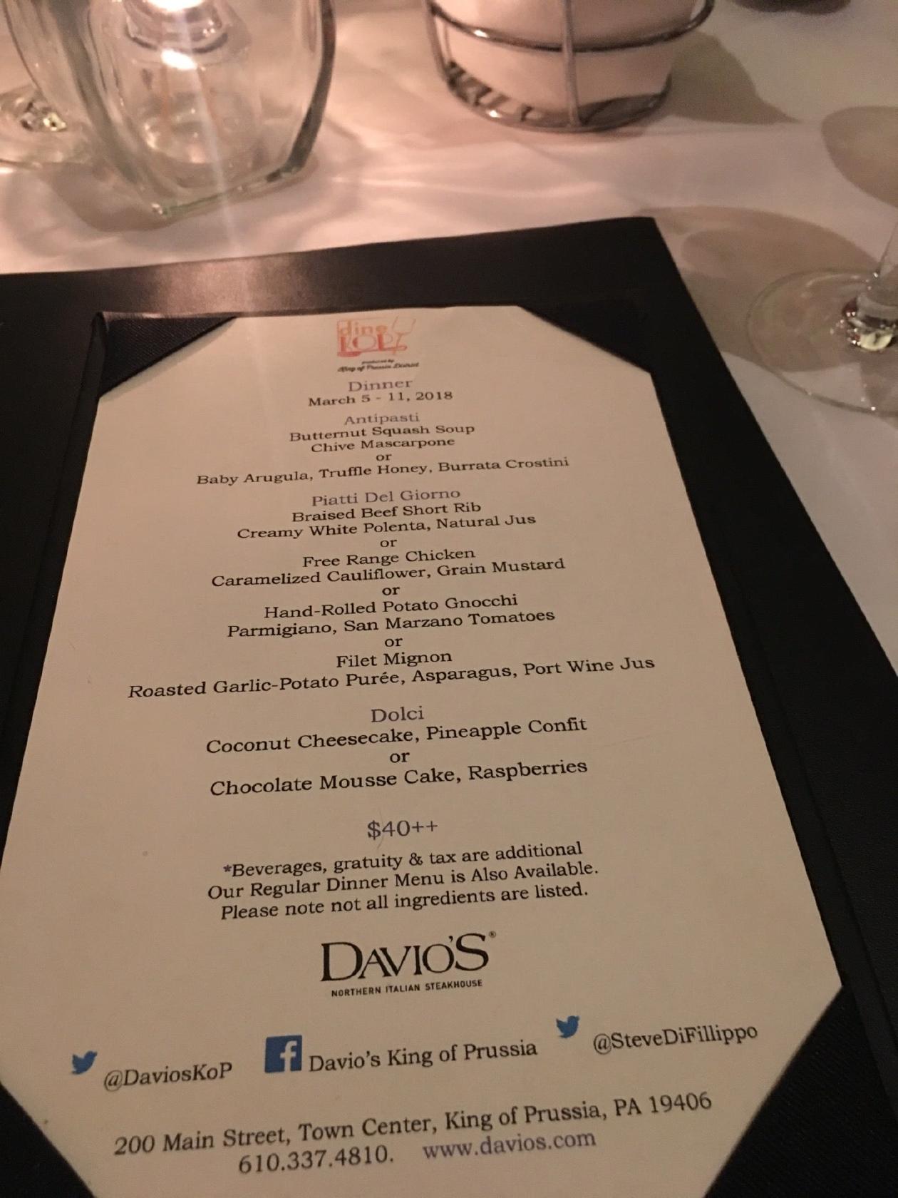 Menu at Davio's Northern Italian Steakhouse, King of Prussia