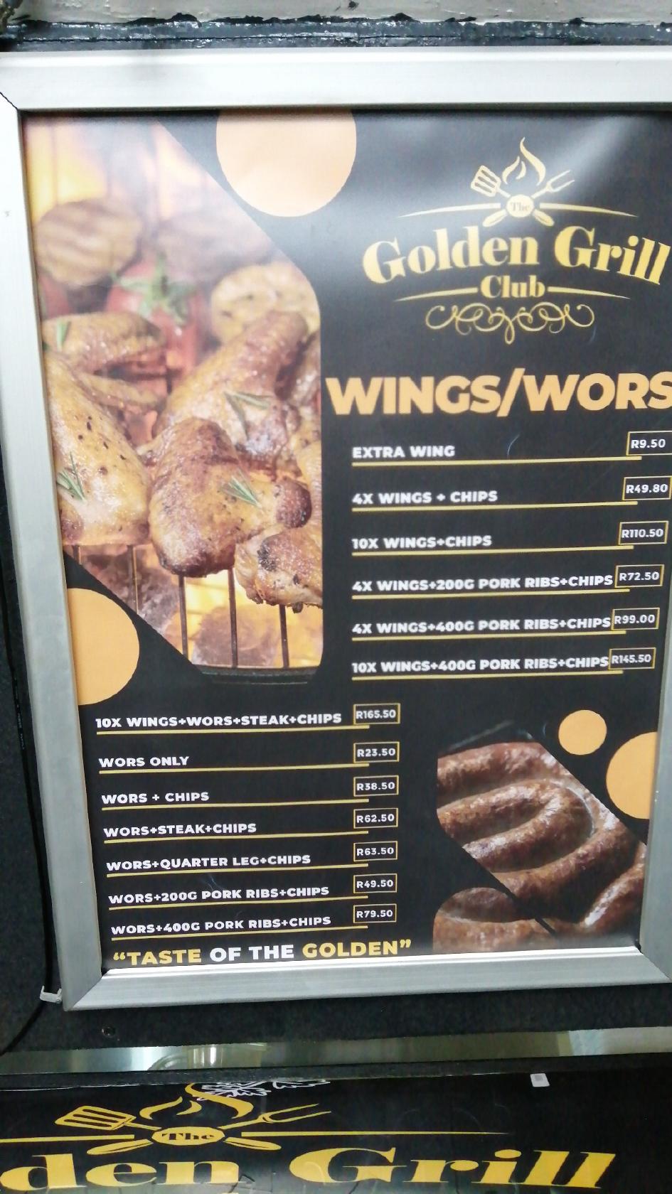Menu at Golden Grill club, Pretoria