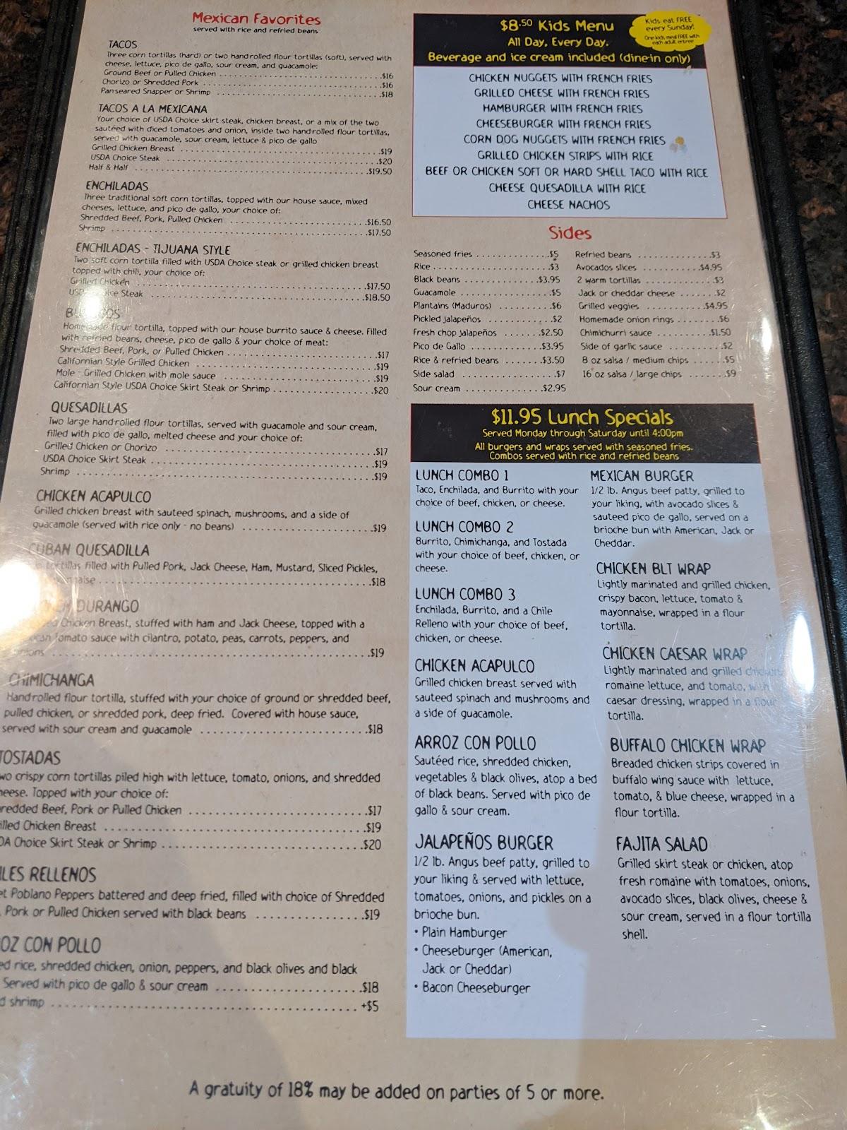 Menu at Jalapeños Mexican Bar & Grill, Glen Rock