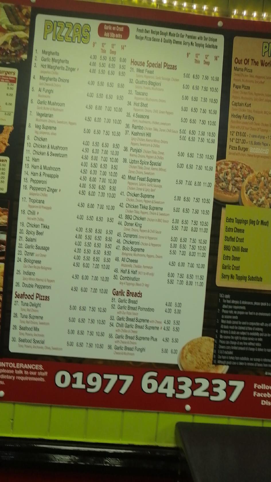 Menu At Upton Spice And Pizza Master Pizzeria South Elmsall