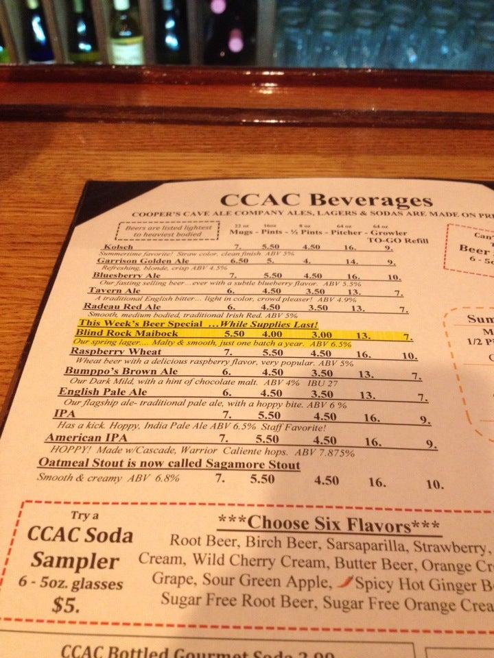 Menu at Cooper's Cave Ale Company pub & bar, Glens Falls