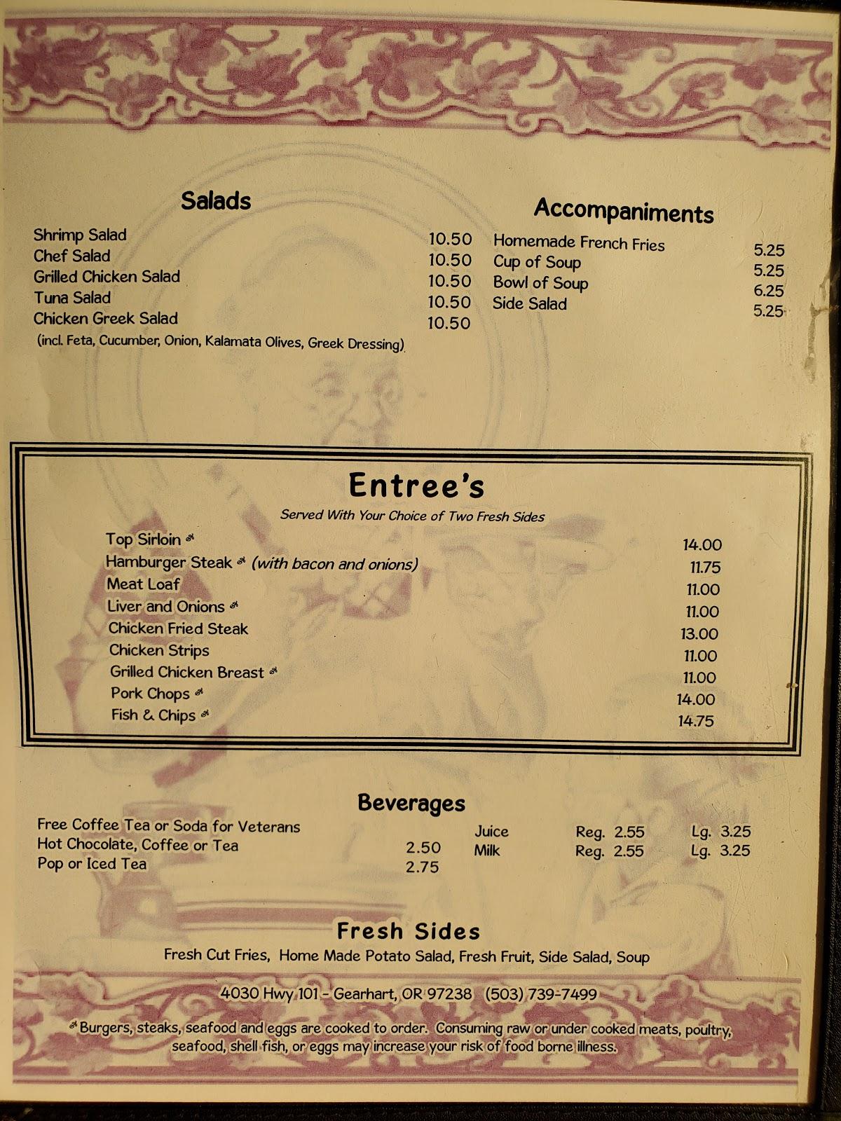 Menu at Grandma's Corner Restaurant, Gearhart