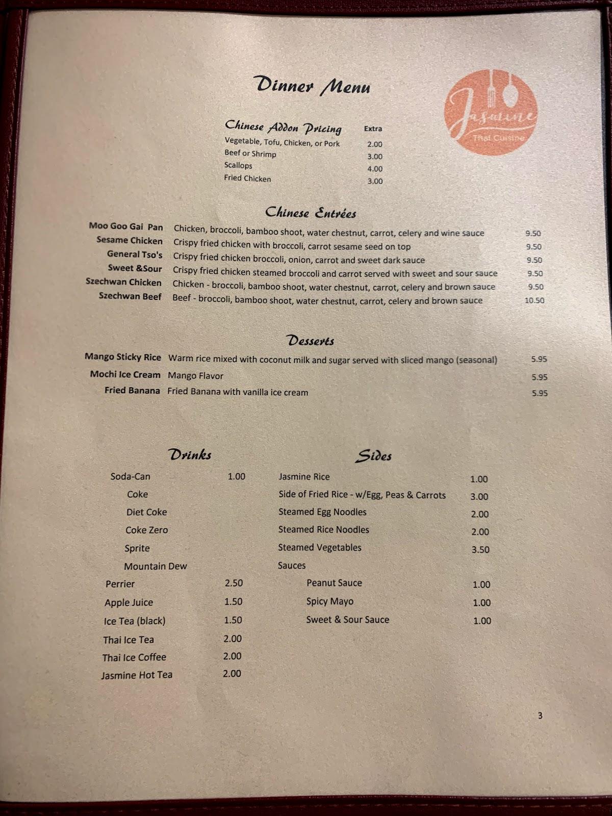 Menu at Jasmine Asian Cuisine restaurant, Cincinnati