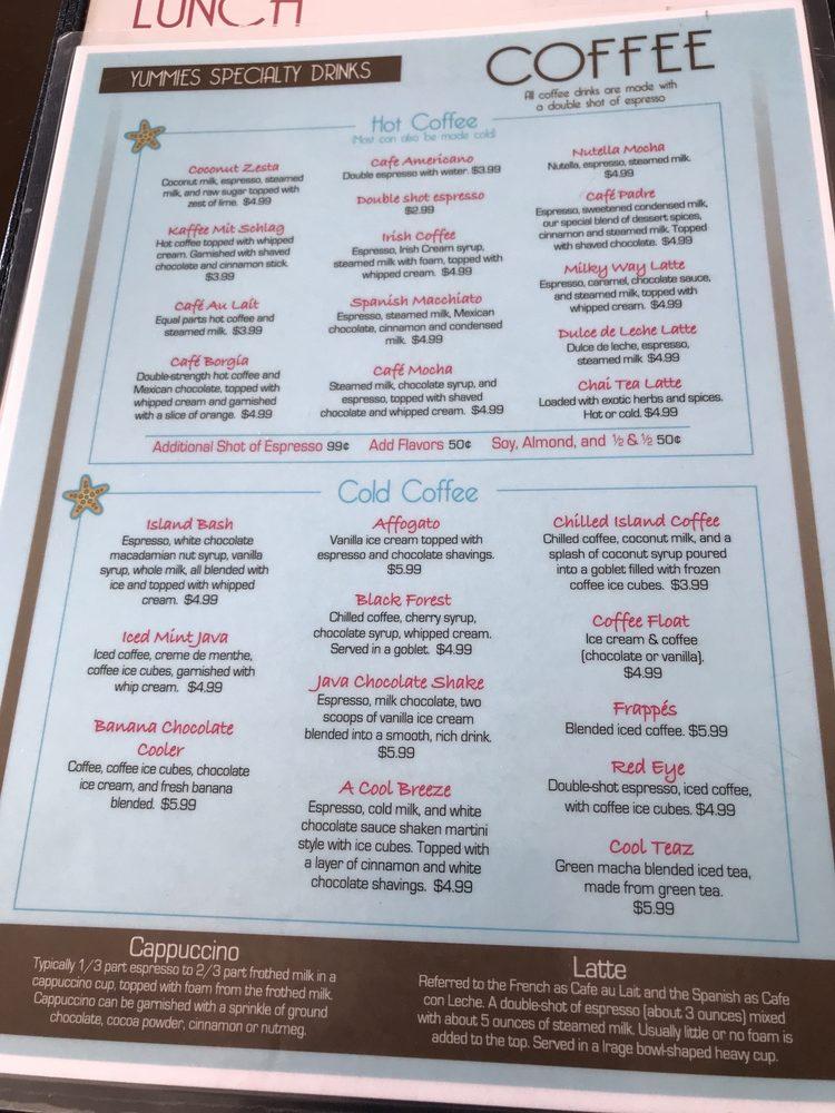 Menu at Yummies Bistro cafe, South Padre Island