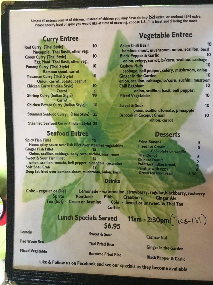 Menu at Mint Thai Cuisine restaurant, Punta Gorda
