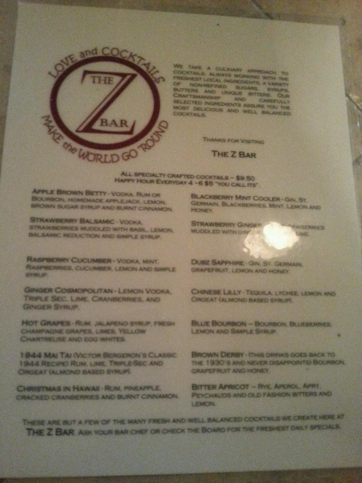 Carta de The Z Bar, Reno