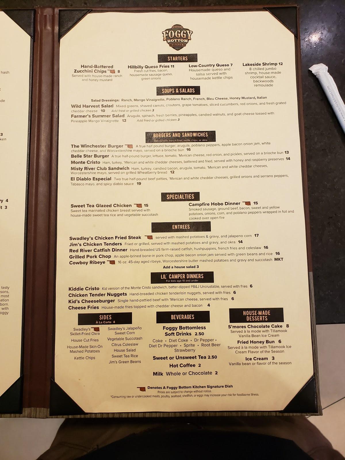 Menu at Foggy Bottom Kitchen restaurant, Watonga