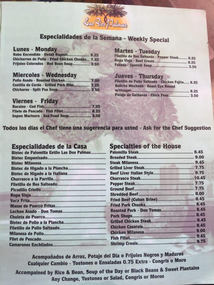 Menu at Las Dos Palmas restaurant, Miami, SW 89th Ave