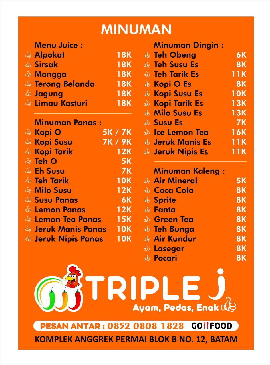 Menu at TRIPLE J restaurant, Batam