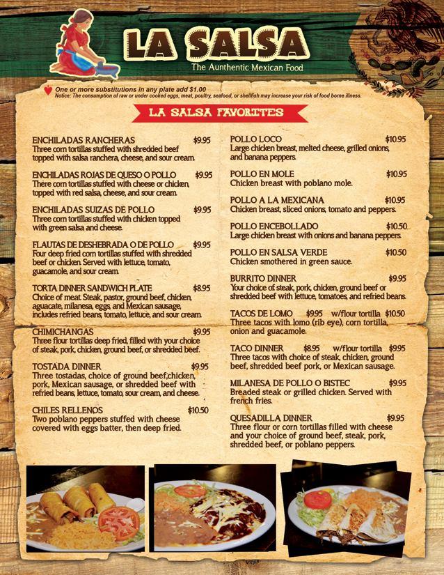 Menu at Taqueria la Salsa restaurant, Milwaukee