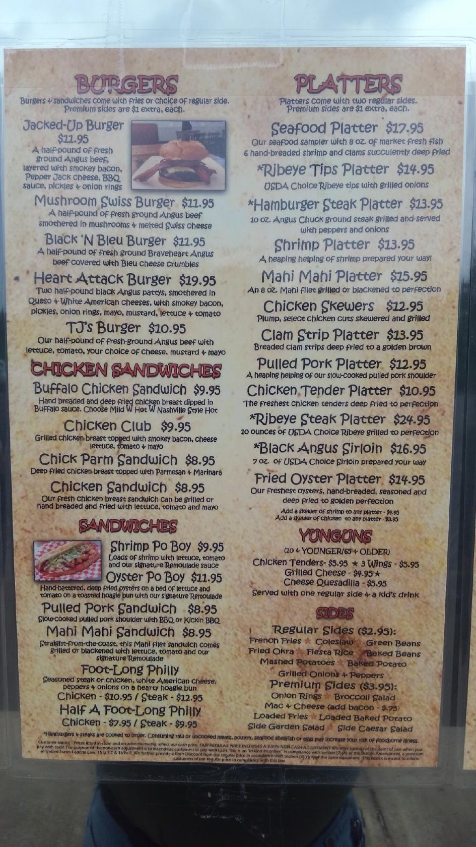 Menu at Tennessee Jack’s on the Town restaurant, Morristown