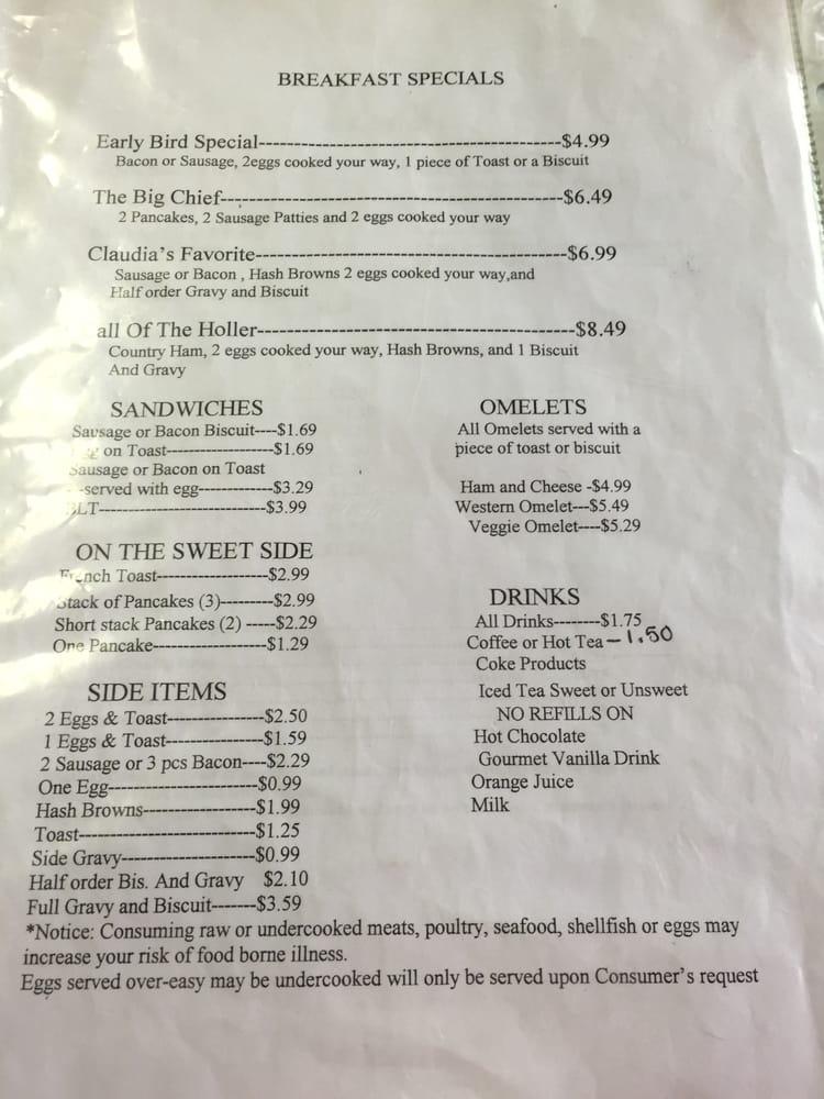 Menu at Blue Holler Cafe, USA