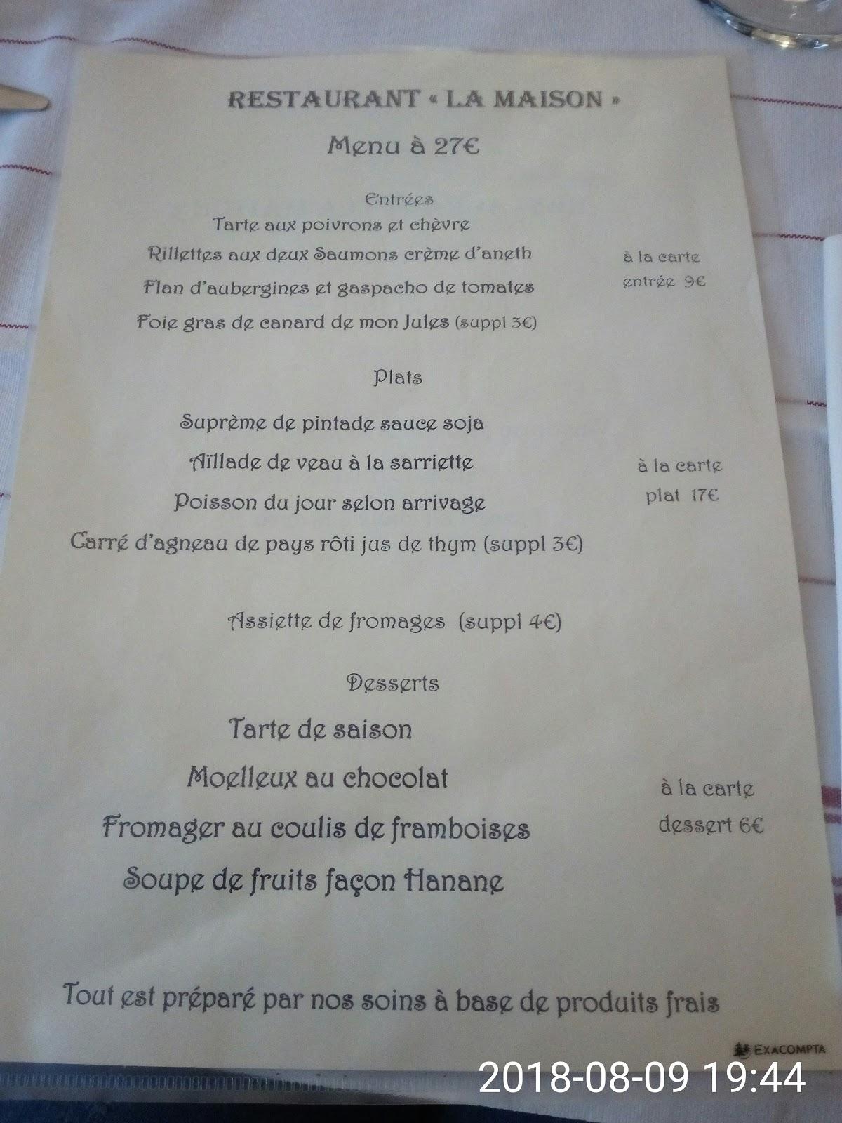 Menu au La Maison restaurant, Saulce-sur-Rhône