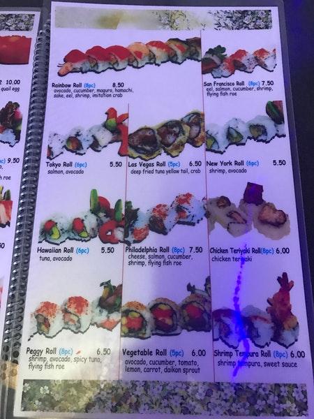 Menu at Sushi Mania restaurant, San Jose