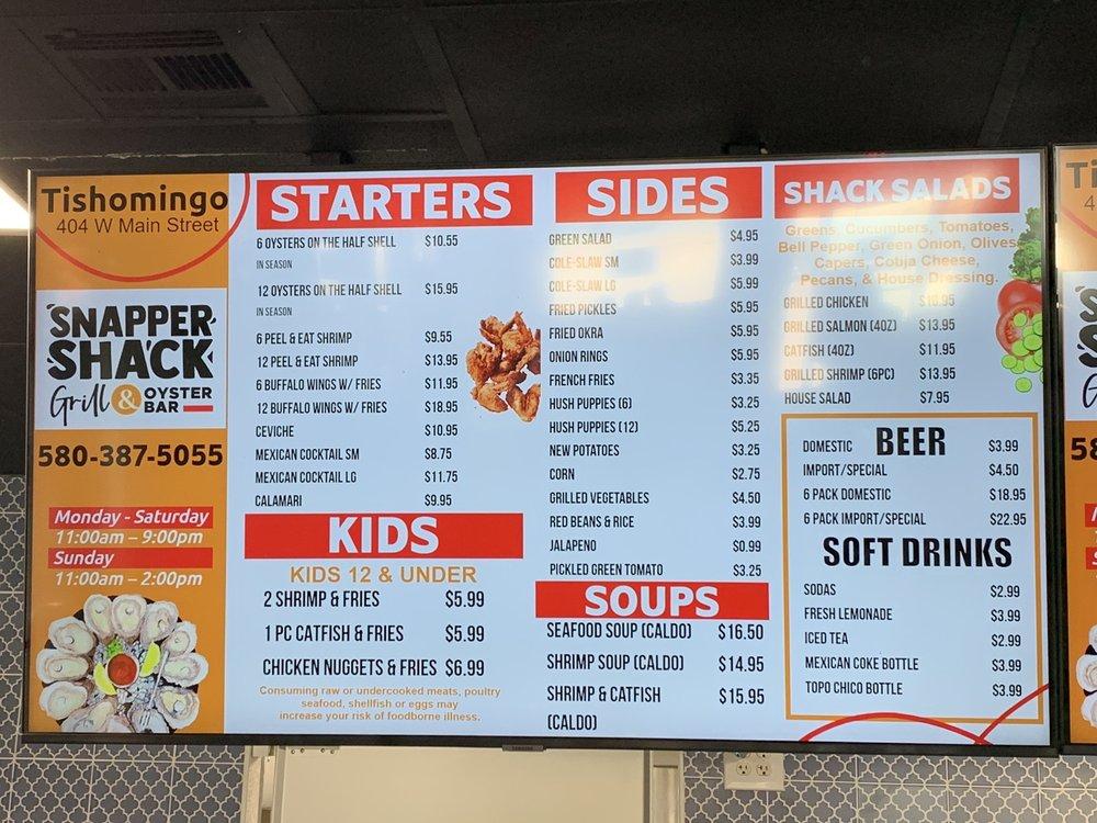 Menu at Snapper shack grill & oyster bar, Tishomingo
