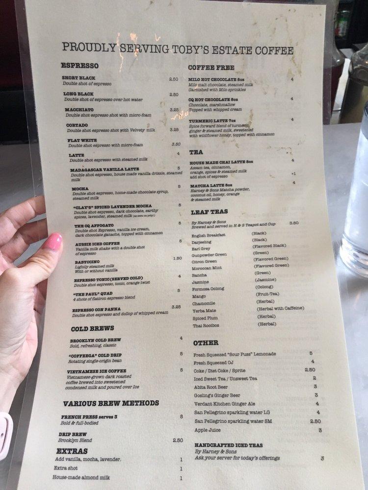 Menu at The Collins Quarter cafe, Savannah, 151 Bull St