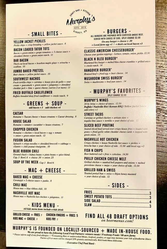 Menu at Murphy’s Craftbar + Kitchen, Sidney