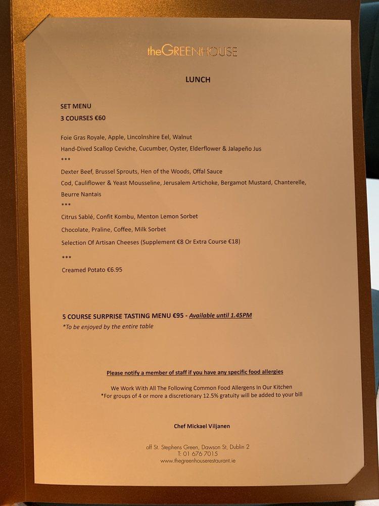 Menu at The Greenhouse restaurant, Dublin