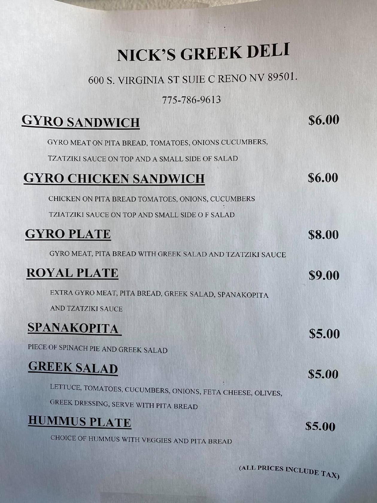 Menu at Nick's Greek Deli restaurant, Reno