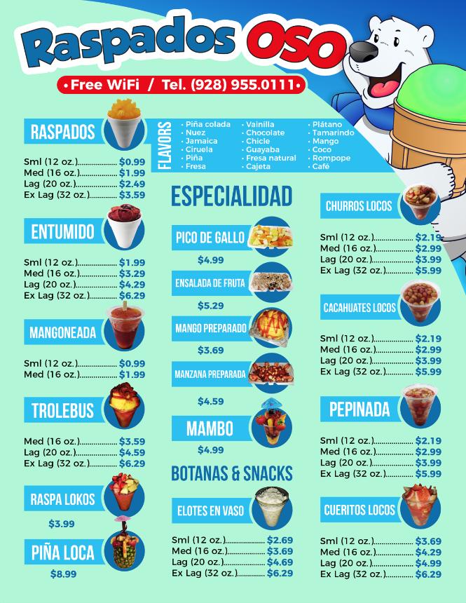 Carta del pub y bar Raspados Oso Polar, Yuma