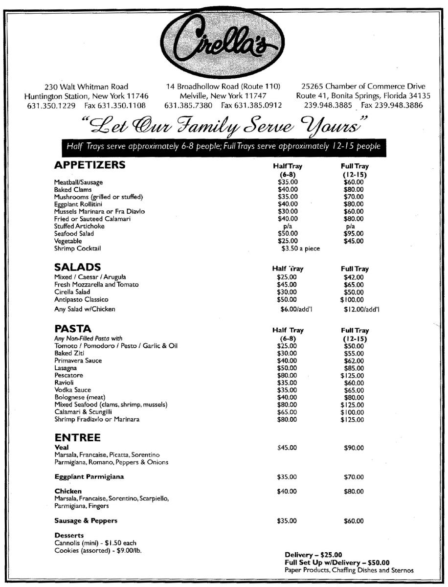 Menu at Cirella's Restaurant, Melville, 14 Broadhollow Rd