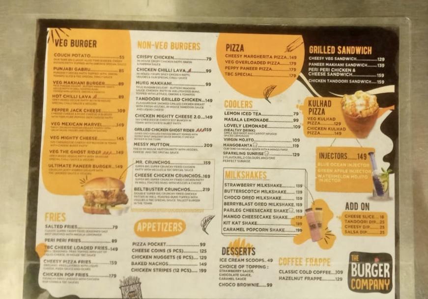 Menu at The Burger Company, Sikar