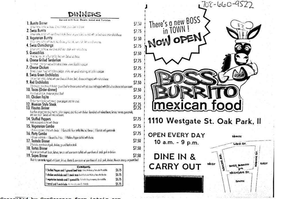 Menu at Boss Burrito restaurant, Oak Park, Westgate St
