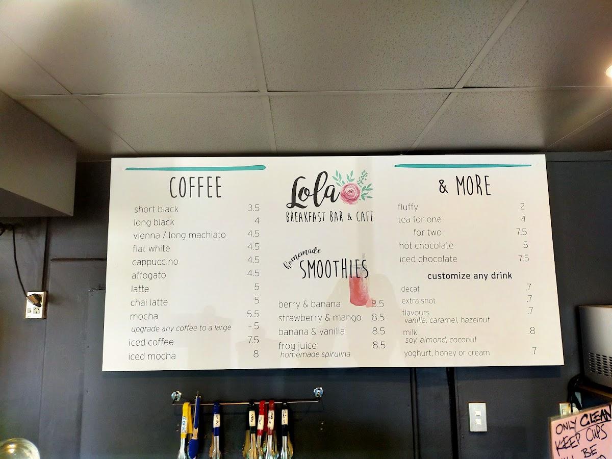 Carta de Lola Breakfast Bar And Cafe, Hamilton