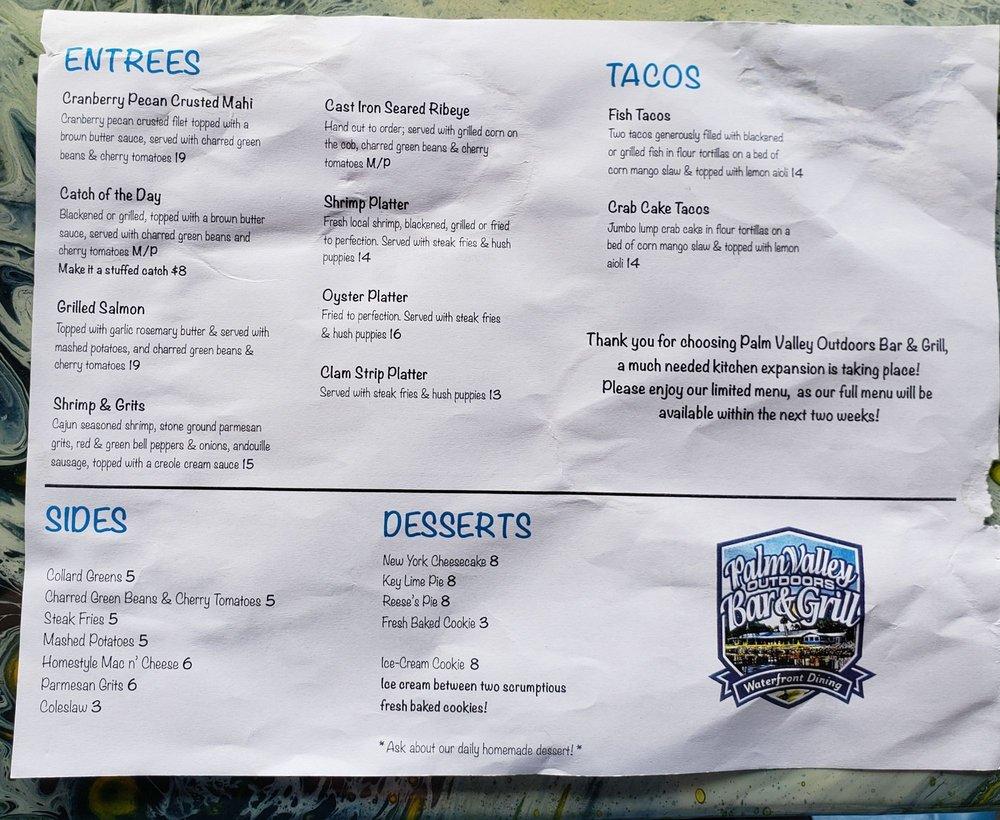 Menu at Palm Valley Outdoors Bar & Grill, Palm Valley